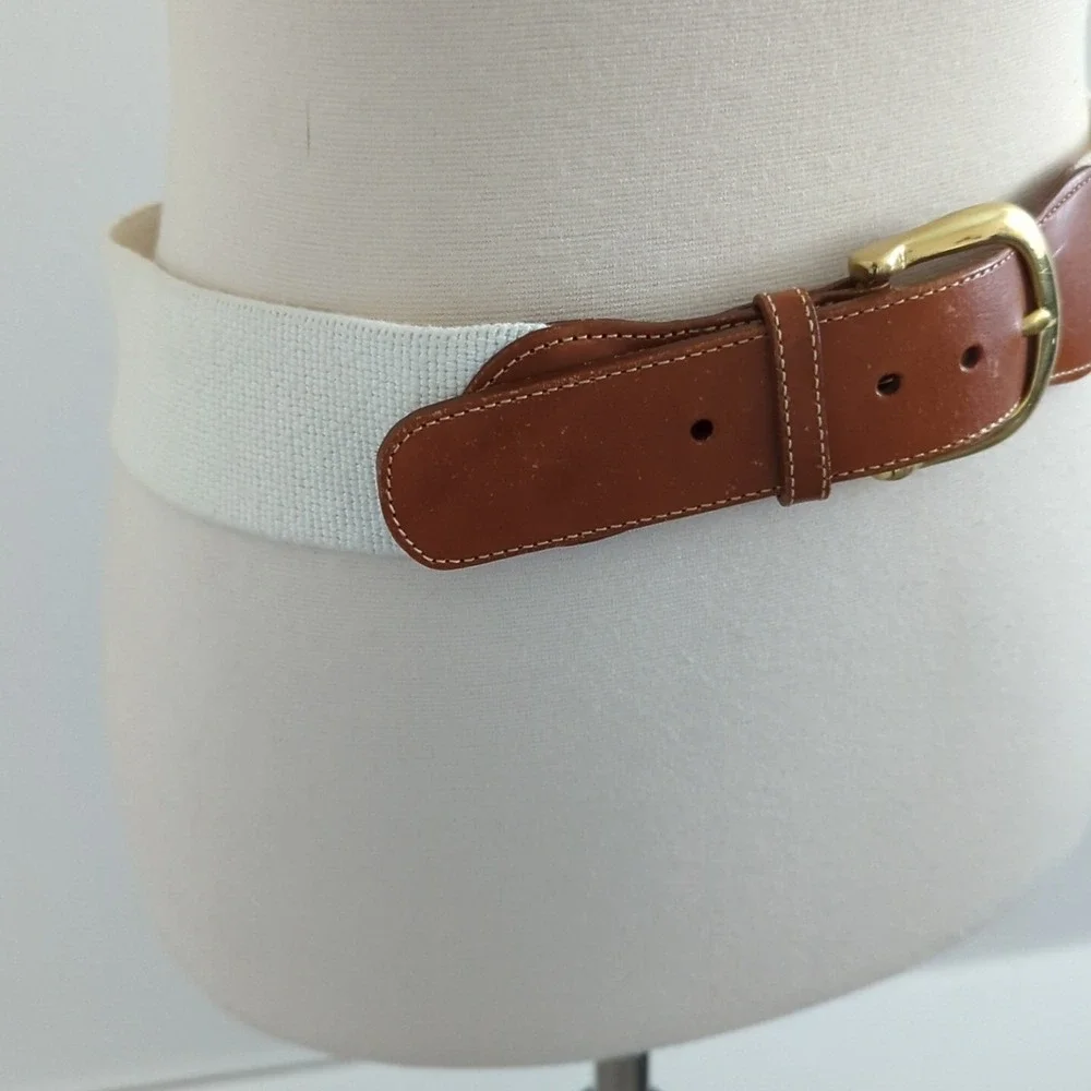 VTG Lands End Waist Belt Elastic Leather White USA 32 Brass Cotton Coastal Yacht - Picture 2 of 6